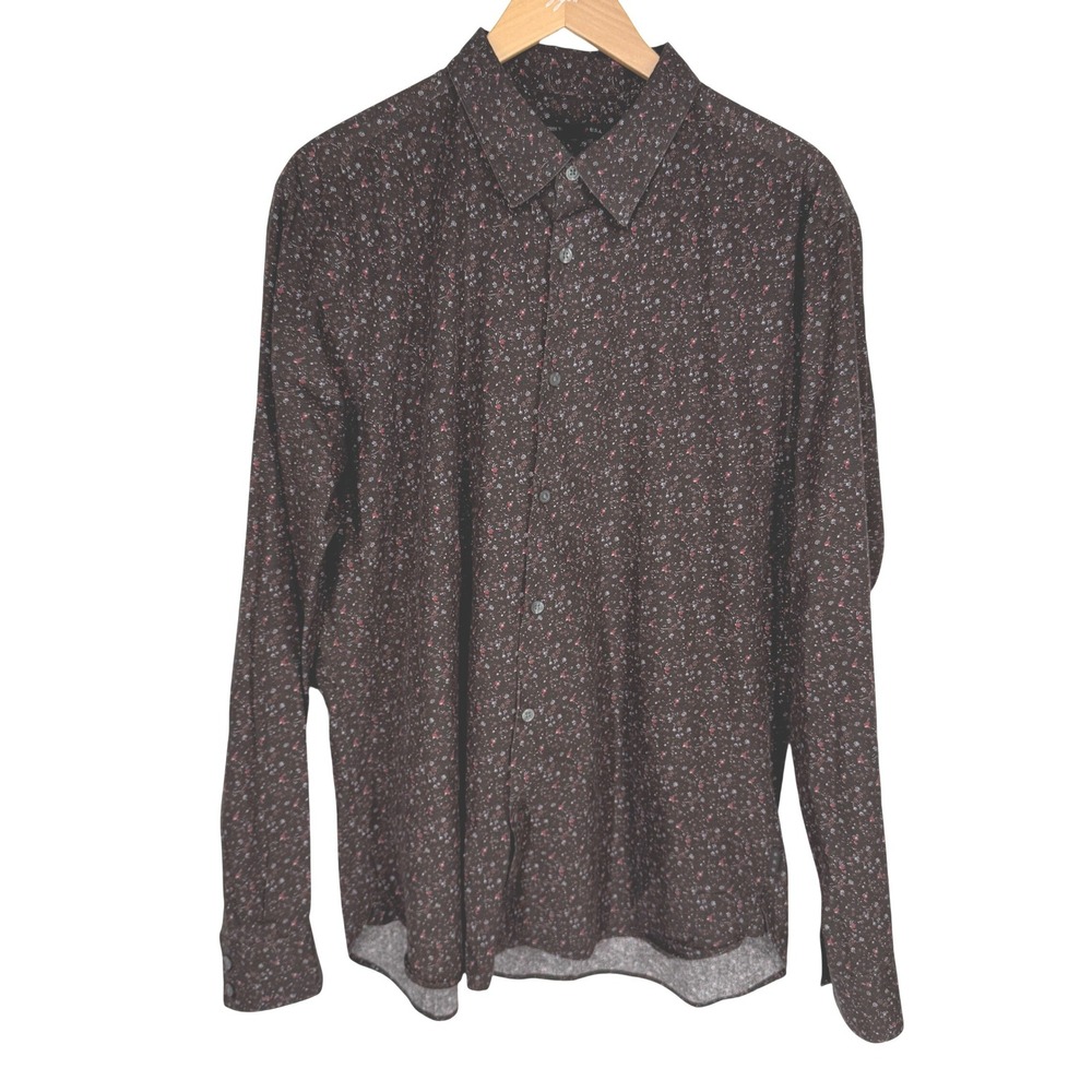 John Varvatos Mens Floral Button Down Shirt‎ Large Brown Oxford
